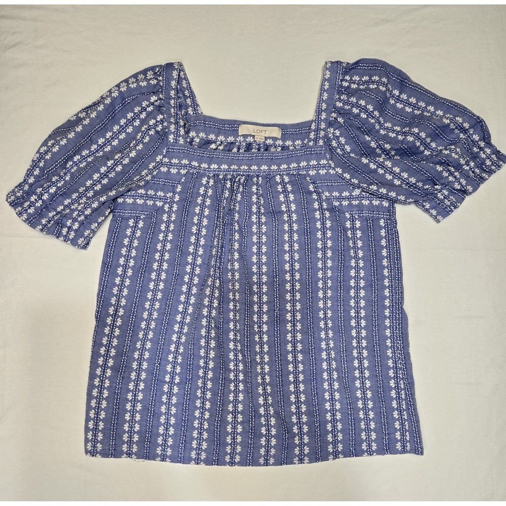Loft Womens Jacquard Puff Sleeve Square Neck Embroidered Top XS Blue 100% Cotton